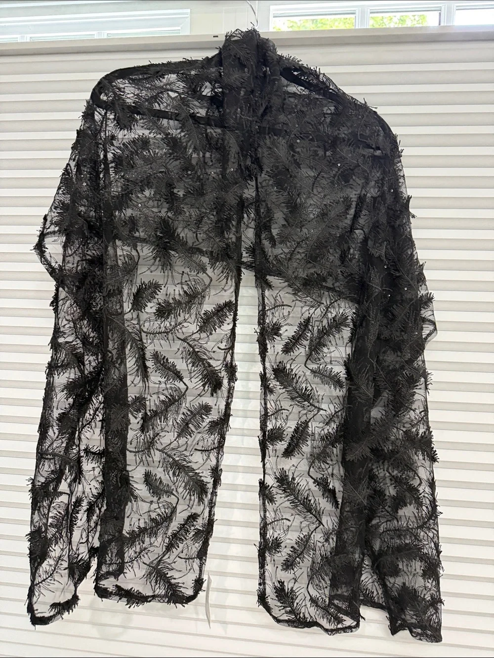 Women’s Sheer Black Embroidered Fringe Shawl - NWT
